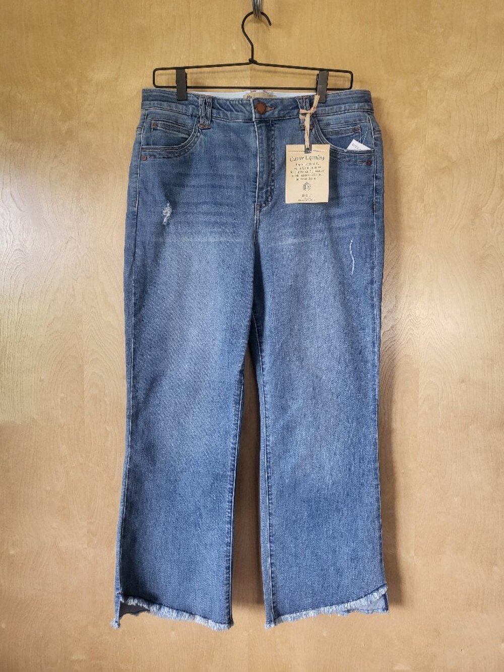 Democracy Cropped Itty Bitty Flare Jeans Distressed Blue Wash Size 12